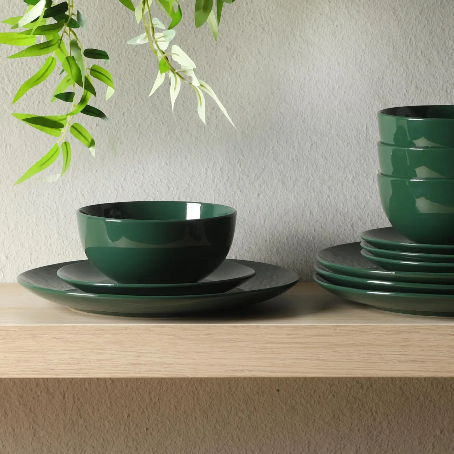 Gibson Home Simple Essential (Service for 4) 12 Piece Plates and Bowls Porcelain Solid Color Dishes Ceramic Dinnerware Set - Hunter Green