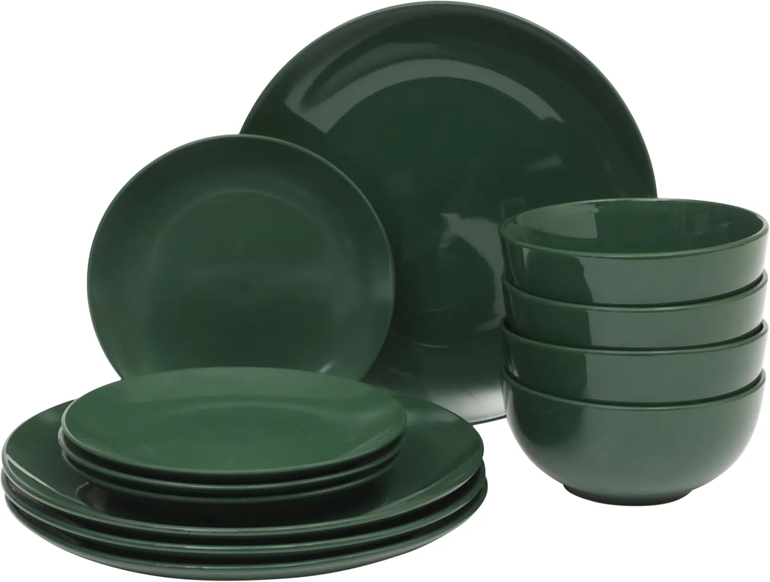Gibson Home Simple Essential (Service for 4) 12 Piece Plates and Bowls Porcelain Solid Color Dishes Ceramic Dinnerware Set - Hunter Green