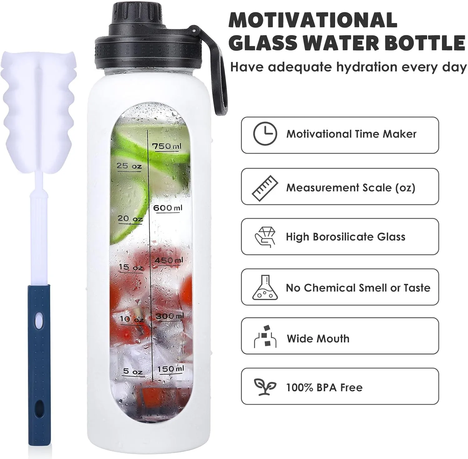 GIEMIT Glass Water Bottles 32oz with Silicone Sleeve Drinking Hydration Bottles Reusable Borosilicate Wide Mouth Motivational Water Flask Canteen with Time Marker Spout Lid and Brush (White - 32 oz)