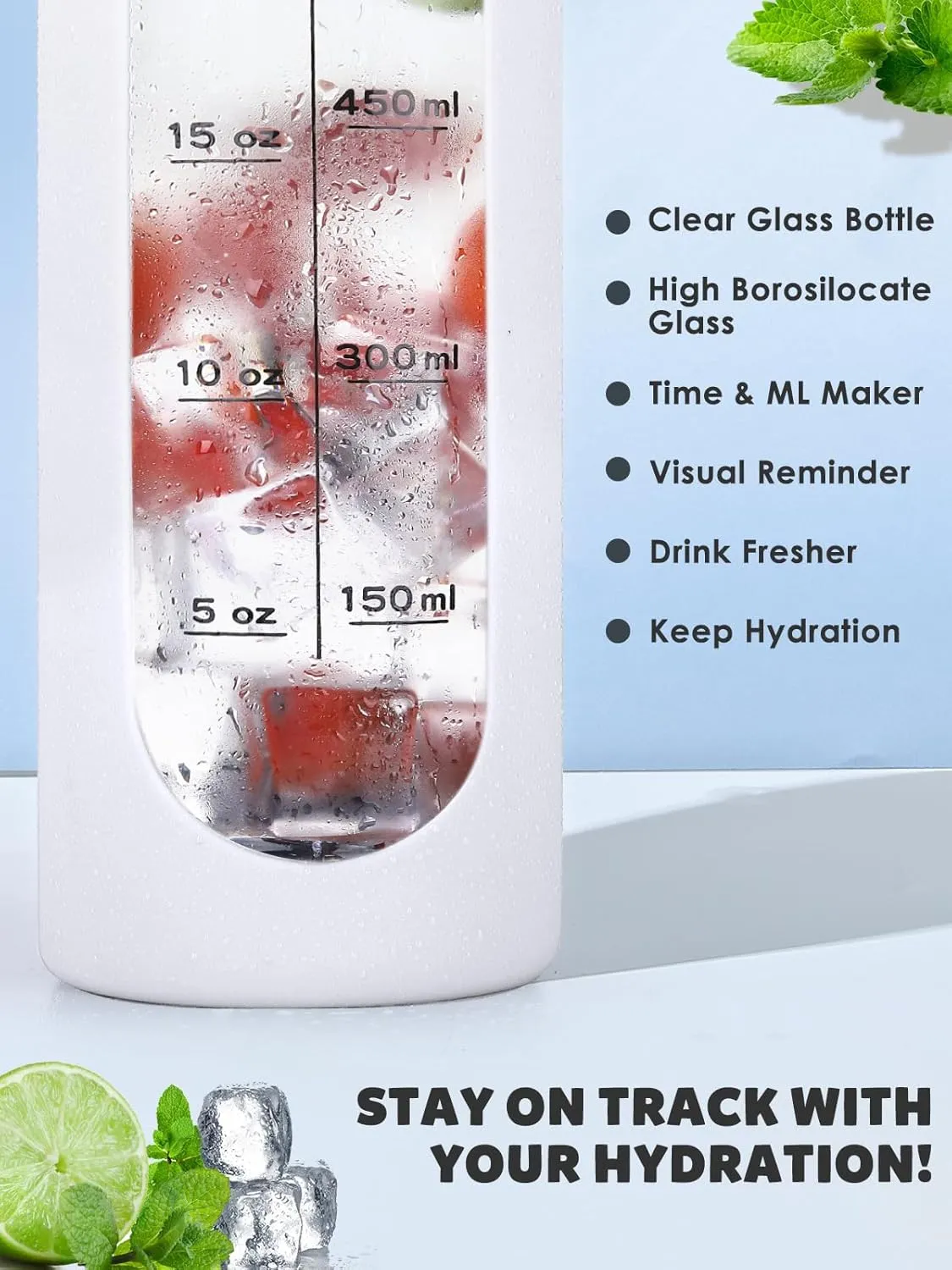 GIEMIT Glass Water Bottles 32oz with Silicone Sleeve Drinking Hydration Bottles Reusable Borosilicate Wide Mouth Motivational Water Flask Canteen with Time Marker Spout Lid and Brush (White - 32 oz)