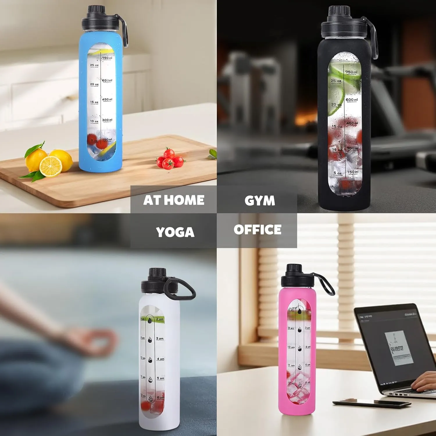 GIEMIT Glass Water Bottles 32oz with Silicone Sleeve Drinking Hydration Bottles Reusable Borosilicate Wide Mouth Motivational Water Flask Canteen with Time Marker Spout Lid and Brush (White - 32 oz)