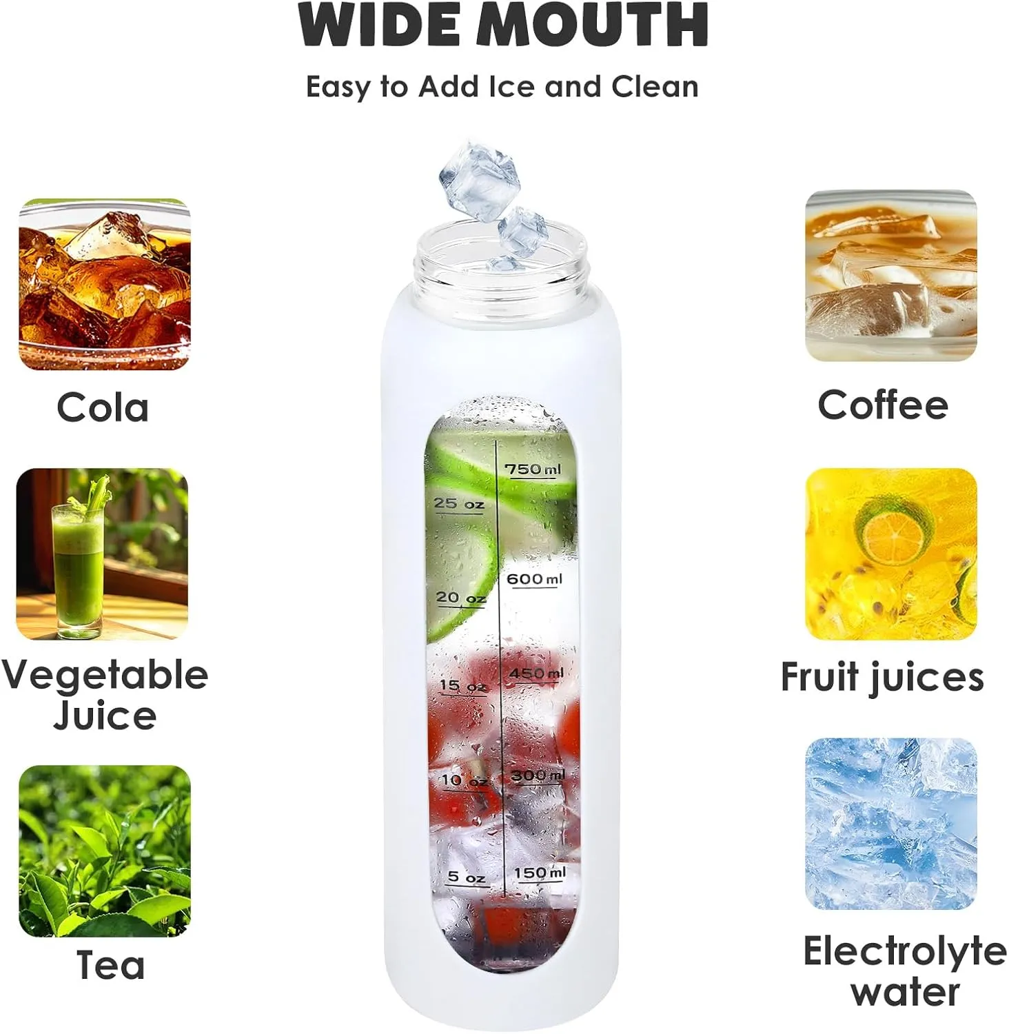GIEMIT Glass Water Bottles 32oz with Silicone Sleeve Drinking Hydration Bottles Reusable Borosilicate Wide Mouth Motivational Water Flask Canteen with Time Marker Spout Lid and Brush (White - 32 oz)