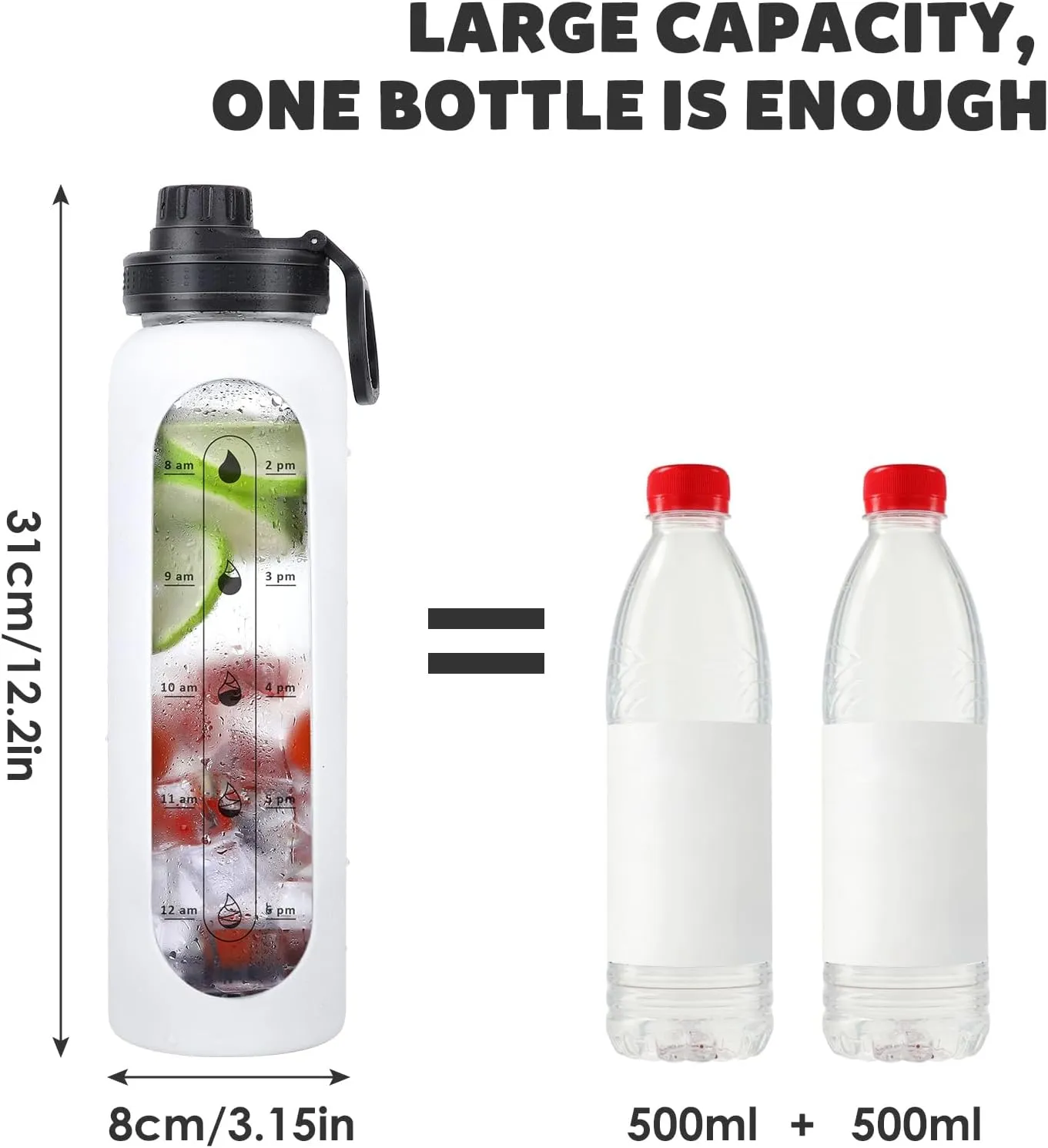 GIEMIT Glass Water Bottles 32oz with Silicone Sleeve Drinking Hydration Bottles Reusable Borosilicate Wide Mouth Motivational Water Flask Canteen with Time Marker Spout Lid and Brush (White - 32 oz)