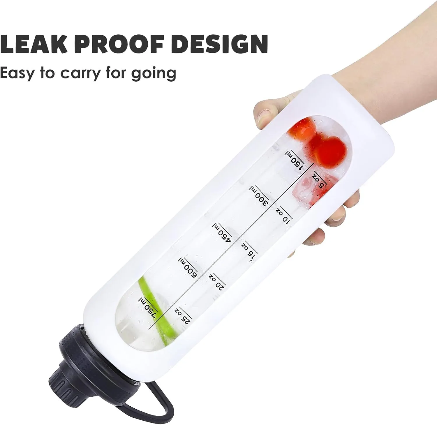 GIEMIT Glass Water Bottles 32oz with Silicone Sleeve Drinking Hydration Bottles Reusable Borosilicate Wide Mouth Motivational Water Flask Canteen with Time Marker Spout Lid and Brush (White - 32 oz)