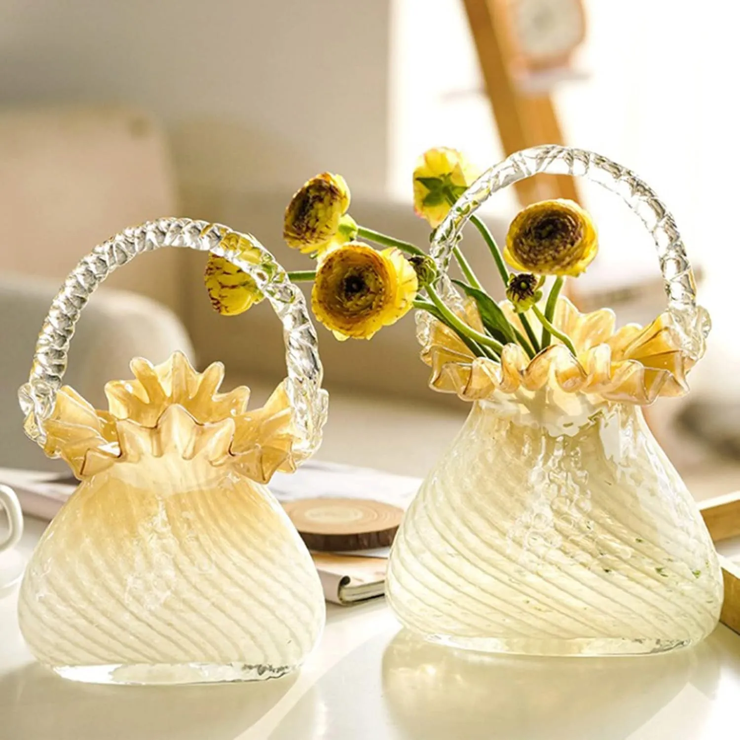 Glass Bag Vase for Flowers Glazed Purse Vase Handbag Shape Flower Vase Translucent Basket Vase Totebag Vase with Handles for Home Living Room Decor(White L)