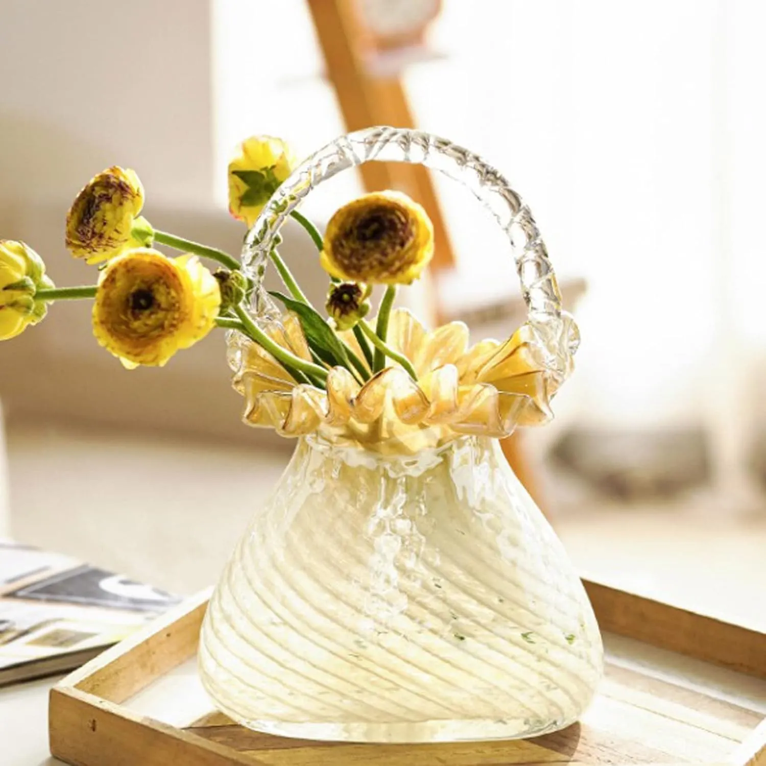 Glass Bag Vase for Flowers Glazed Purse Vase Handbag Shape Flower Vase Translucent Basket Vase Totebag Vase with Handles for Home Living Room Decor(White L)