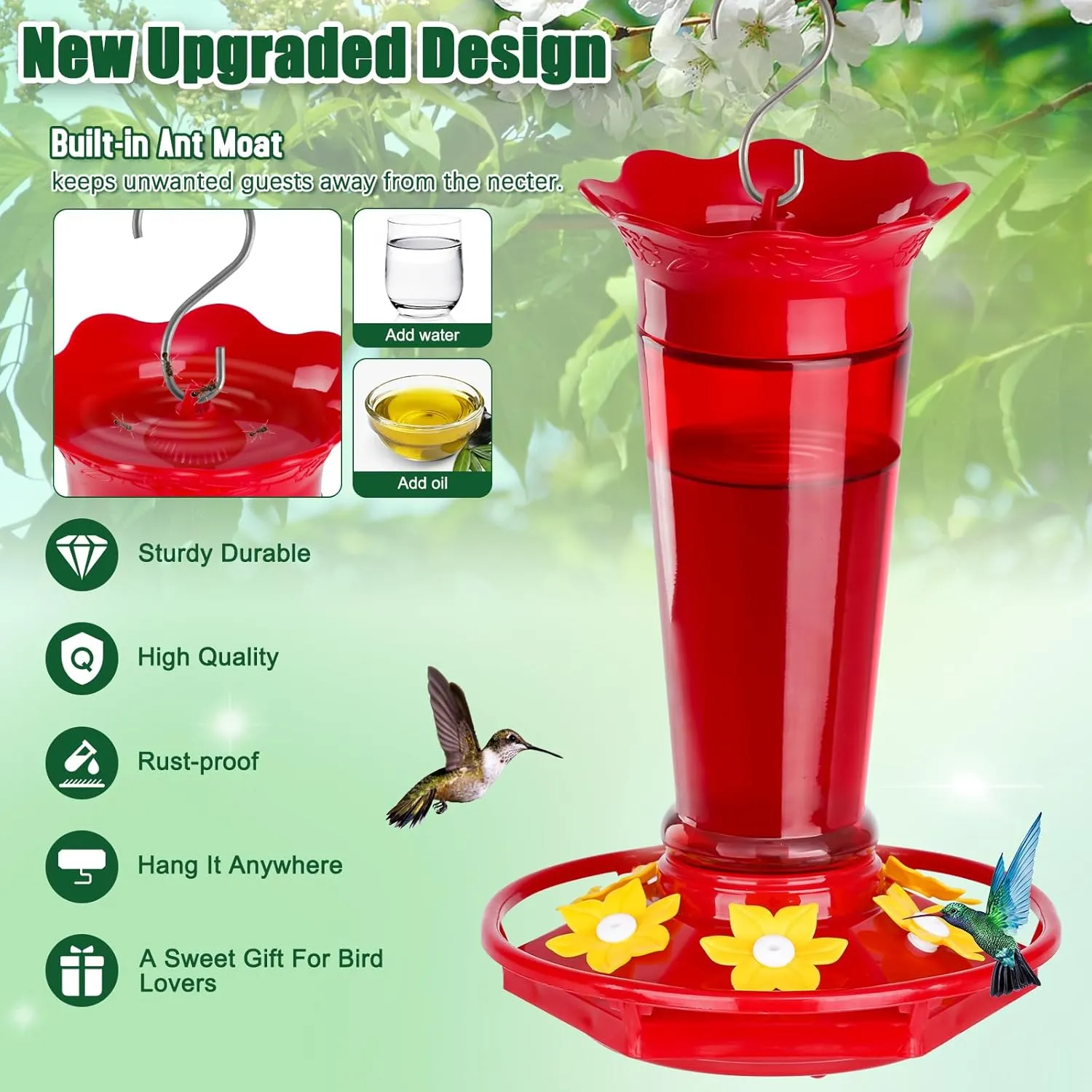 Glass Hummingbird Feeders for Outdoors Hanging Ant and Bee Proof Red 10 OZ 2 Pack Bird Feeders for Outside Hanging 6 Feeding Stations Bird Nectar Feeder for Garden Yard Décor Gifts for Mom