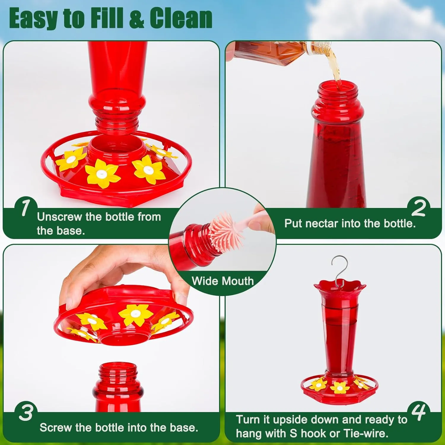 Glass Hummingbird Feeders for Outdoors Hanging Ant and Bee Proof Red 10 OZ 2 Pack Bird Feeders for Outside Hanging 6 Feeding Stations Bird Nectar Feeder for Garden Yard Décor Gifts for Mom