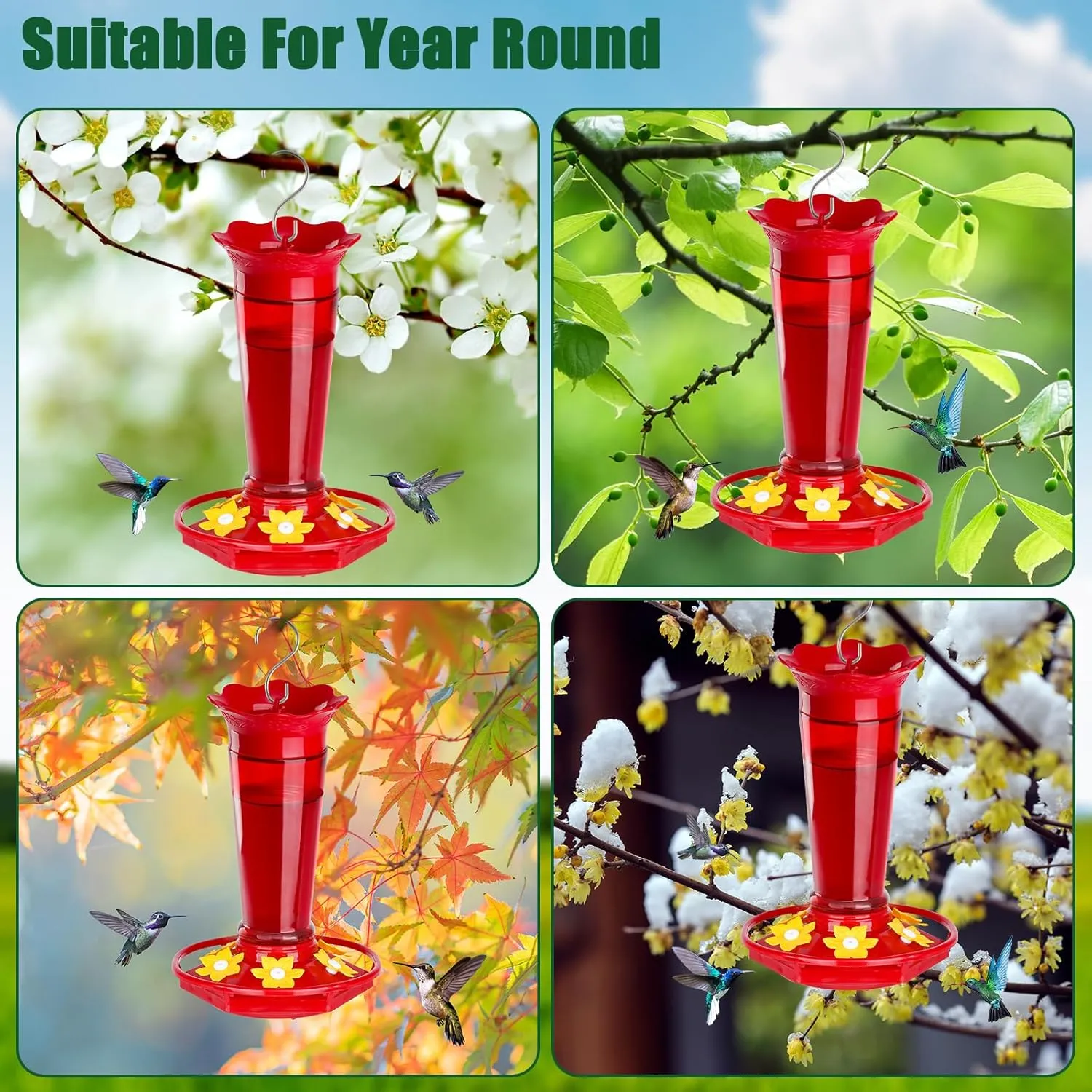 Glass Hummingbird Feeders for Outdoors Hanging Ant and Bee Proof Red 10 OZ 2 Pack Bird Feeders for Outside Hanging 6 Feeding Stations Bird Nectar Feeder for Garden Yard Décor Gifts for Mom