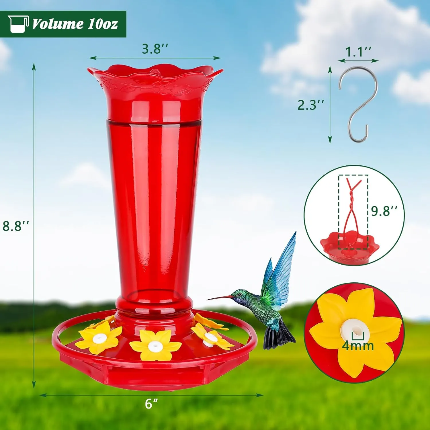 Glass Hummingbird Feeders for Outdoors Hanging Ant and Bee Proof Red 10 OZ 2 Pack Bird Feeders for Outside Hanging 6 Feeding Stations Bird Nectar Feeder for Garden Yard Décor Gifts for Mom
