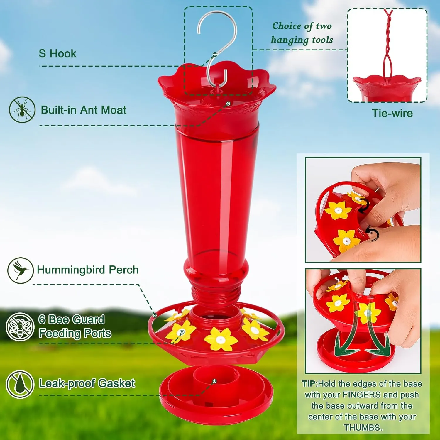 Glass Hummingbird Feeders for Outdoors Hanging Ant and Bee Proof Red 10 OZ 2 Pack Bird Feeders for Outside Hanging 6 Feeding Stations Bird Nectar Feeder for Garden Yard Décor Gifts for Mom