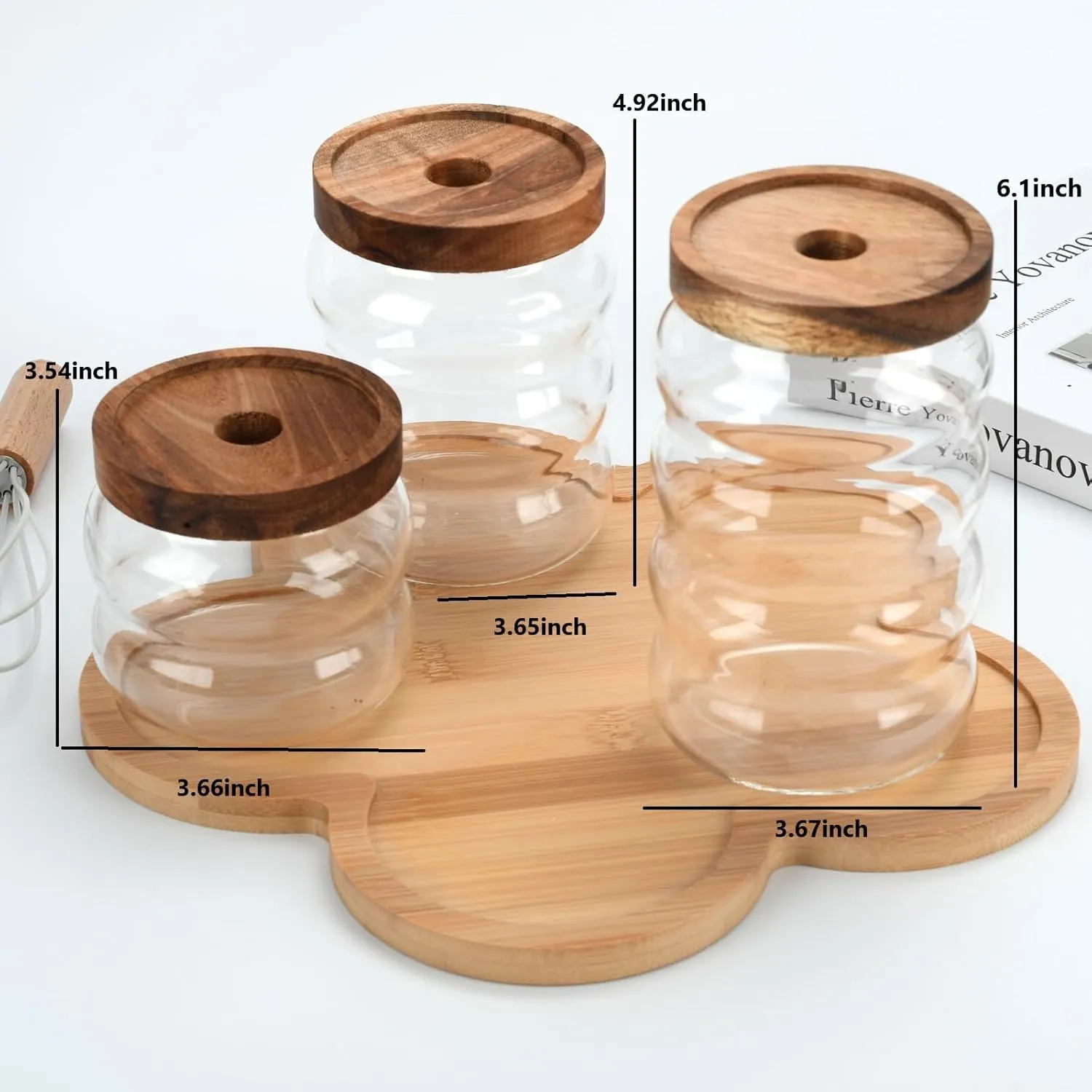 Glass Storage Containers with Wooden Lids, Airtight Glass Jar Kitchen Storage Container with Acacia Wood Lid Set of 3 Sugar Canisters for Candy, Cereal, Snack, Tea, Rice, Coffee Bean, Spice (Plane)