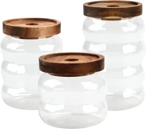 Glass Storage Containers with Wooden Lids, Airtight Glass Jar Kitchen Storage Container with Acacia Wood Lid Set of 3 Sugar Canisters for Candy, Cereal, Snack, Tea, Rice, Coffee Bean, Spice (Plane)