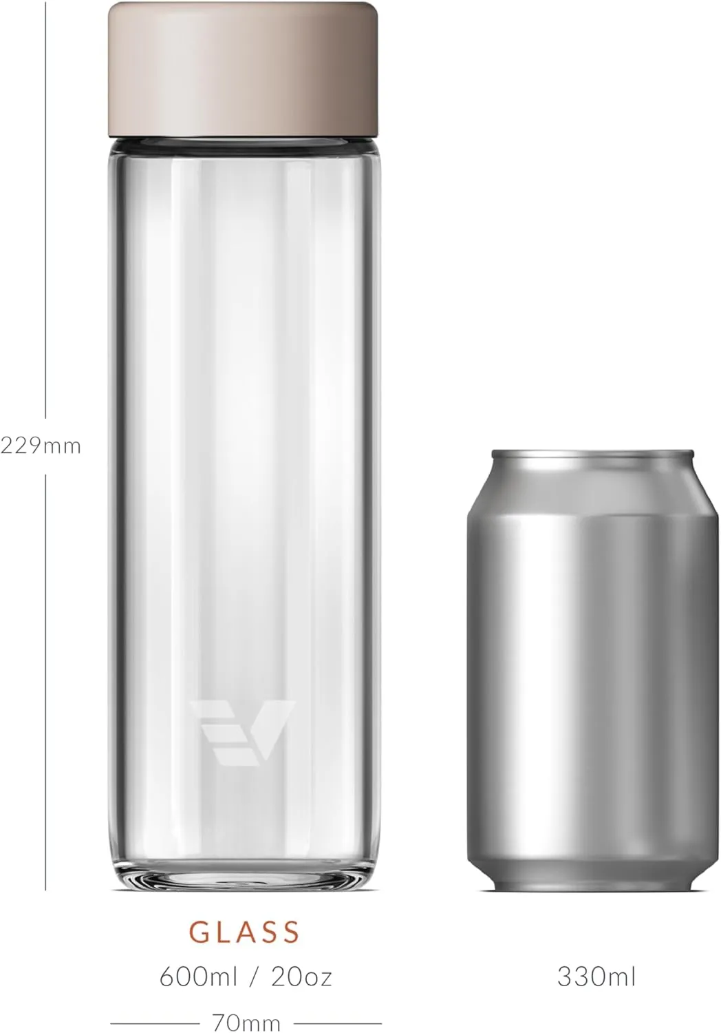 Glass Water Bottle 20oz - Non-insulated | Borosilicate Glass | Dishwasher Safe | No Plastic Touches Contents | A pure drinking experience - Desert Beige