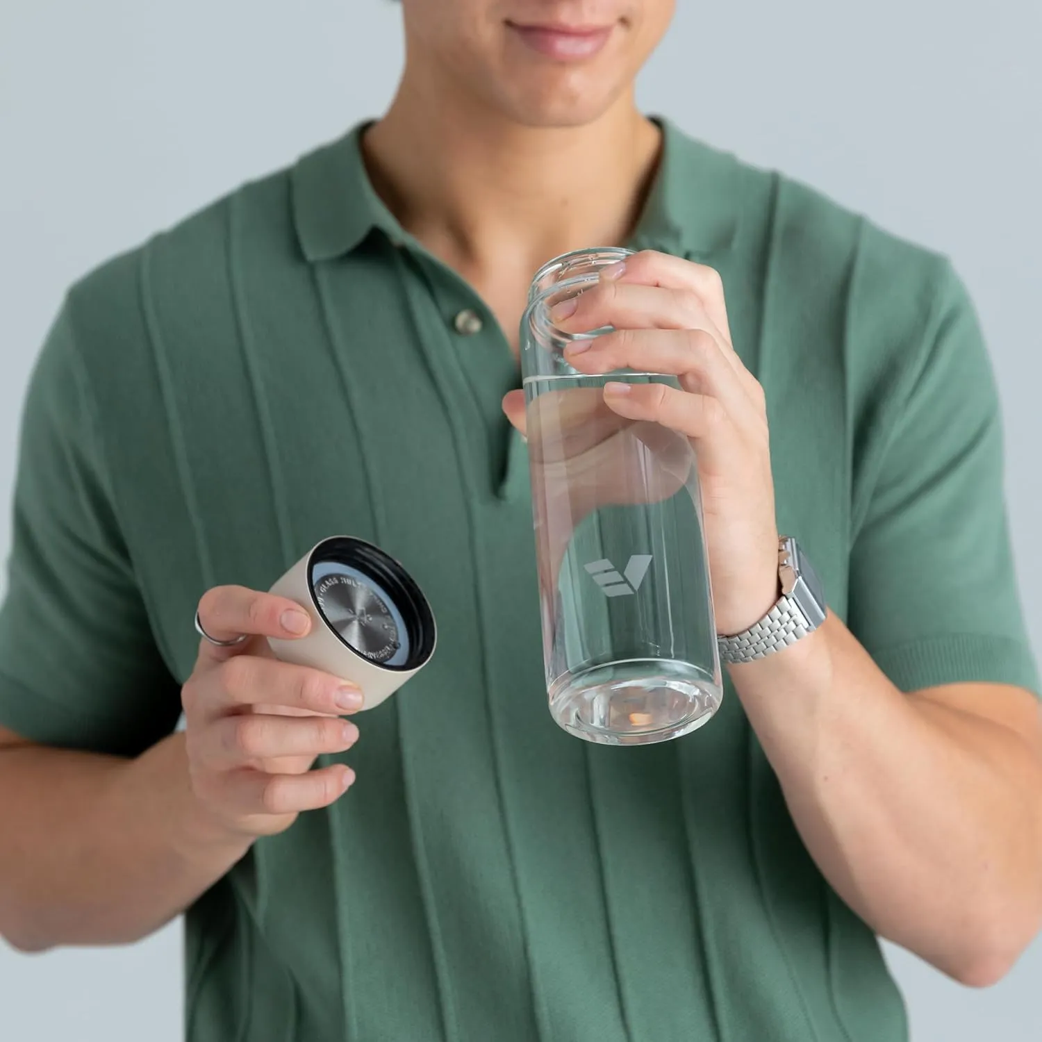 Glass Water Bottle 20oz - Non-insulated | Borosilicate Glass | Dishwasher Safe | No Plastic Touches Contents | A pure drinking experience - Desert Beige