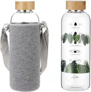 Glass Water Bottle 64 Oz with Time Markers, Wide Mouth Bamboo Lid, Neoprene Sleeve, Bpa Free, Leakproof, Reusable