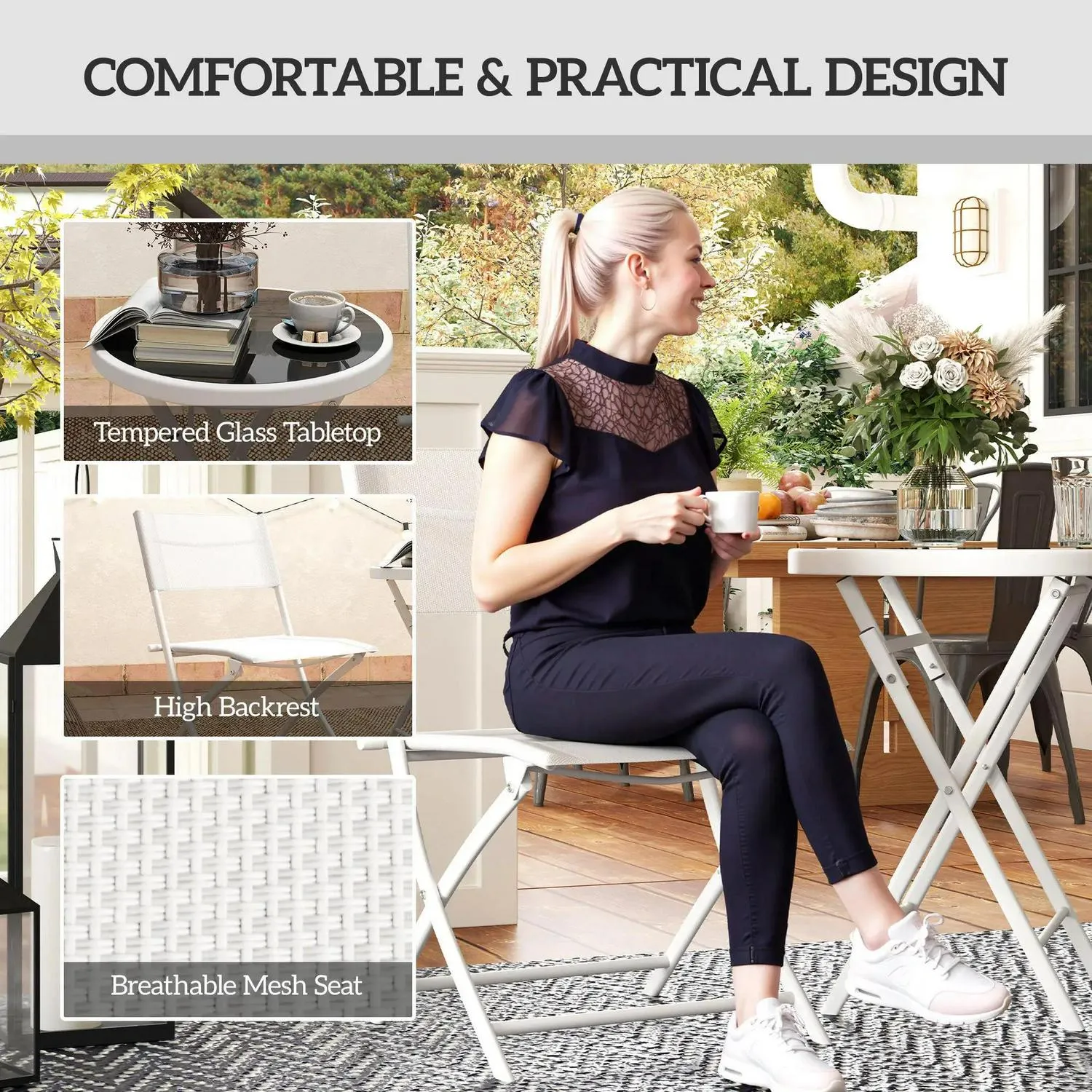Glass White Bistro Top Folding Act fast Outsunny Protecting With Table Set, 2 Pieces Exclusive discounts Chairs Outdoor 3 And Feet,