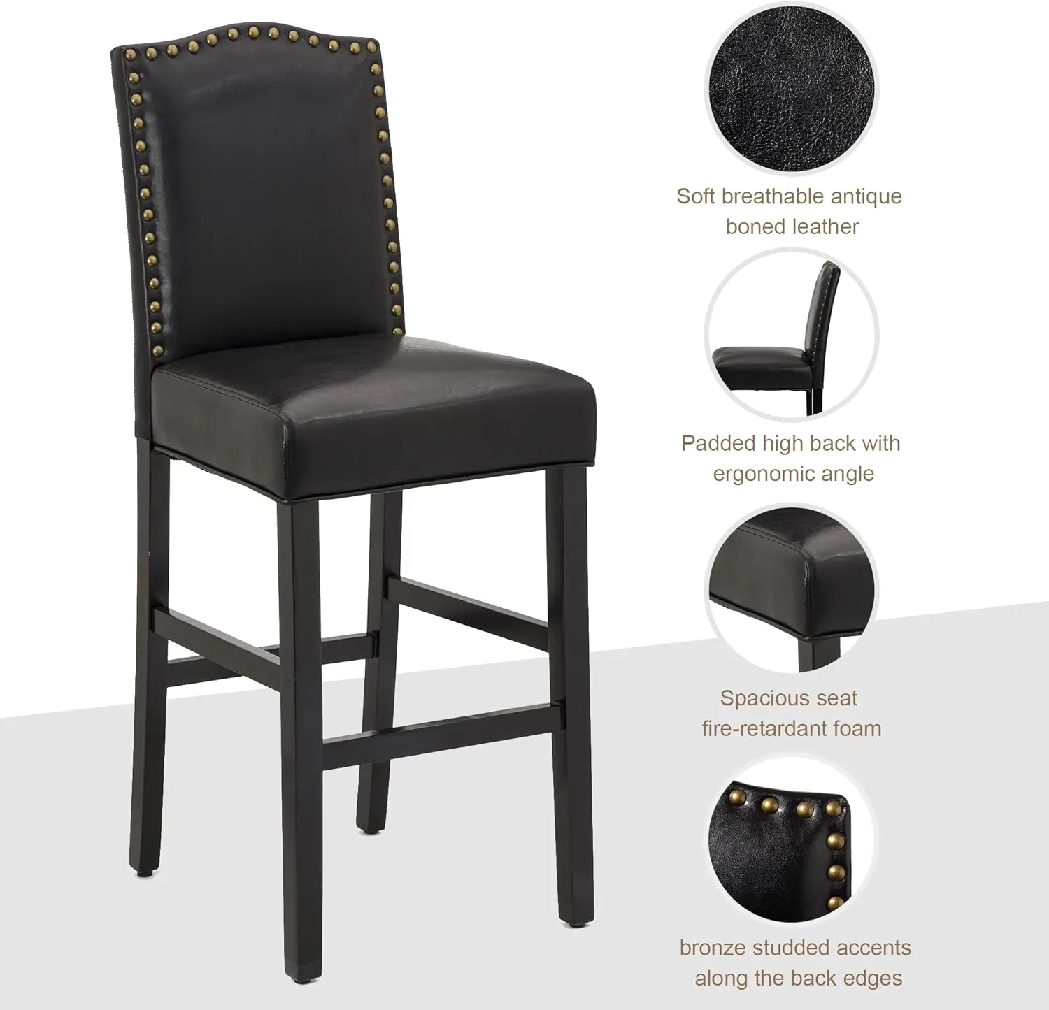 Glitzhome 45" H Bar Chairs Set of 4 Upholstered Bar Stools with Solid Rubberwood Legs with Studded Decoration Back Leatherette, Black