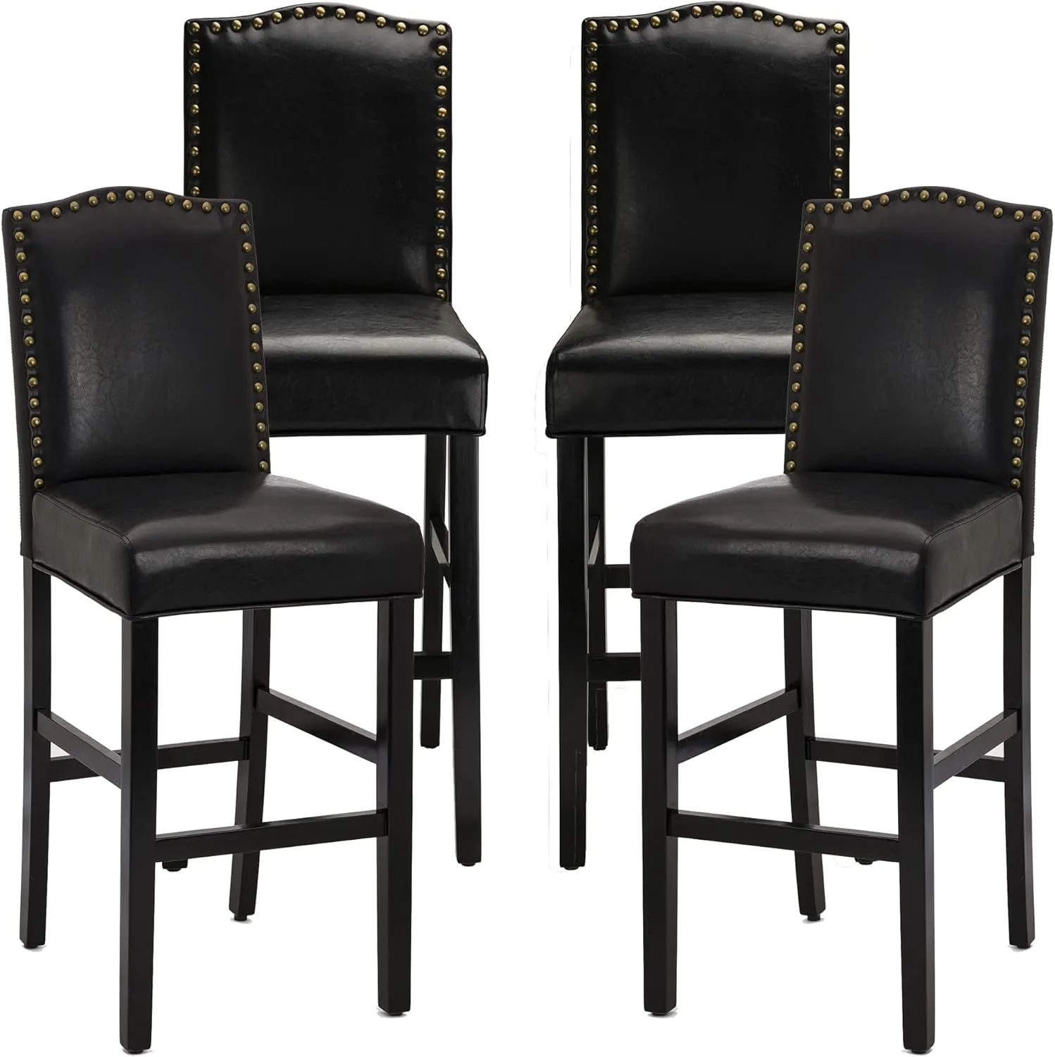 Glitzhome 45" H Bar Chairs Set of 4 Upholstered Bar Stools with Solid Rubberwood Legs with Studded Decoration Back Leatherette, Black