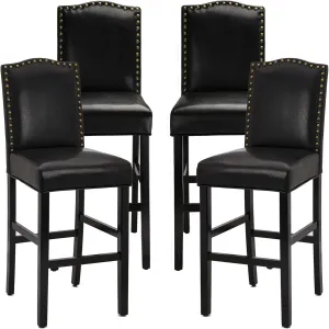 Glitzhome 45" H Bar Chairs Set of 4 Upholstered Bar Stools with Solid Rubberwood Legs with Studded Decoration Back Leatherette, Black