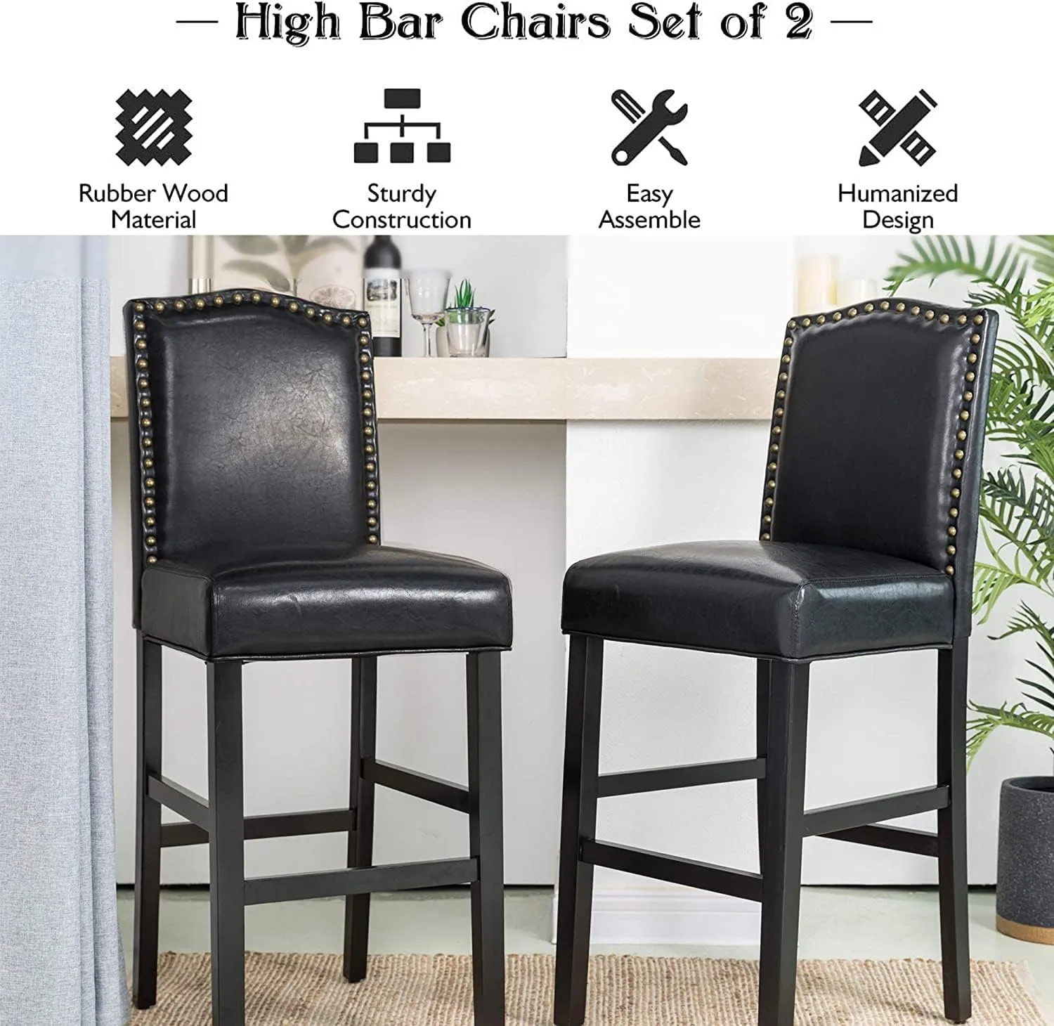 Glitzhome 45" H Bar Chairs Set of 4 Upholstered Bar Stools with Solid Rubberwood Legs with Studded Decoration Back Leatherette, Black