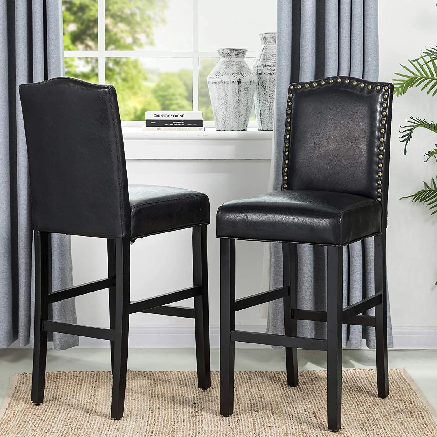 Glitzhome 45" H Bar Chairs Set of 4 Upholstered Bar Stools with Solid Rubberwood Legs with Studded Decoration Back Leatherette, Black