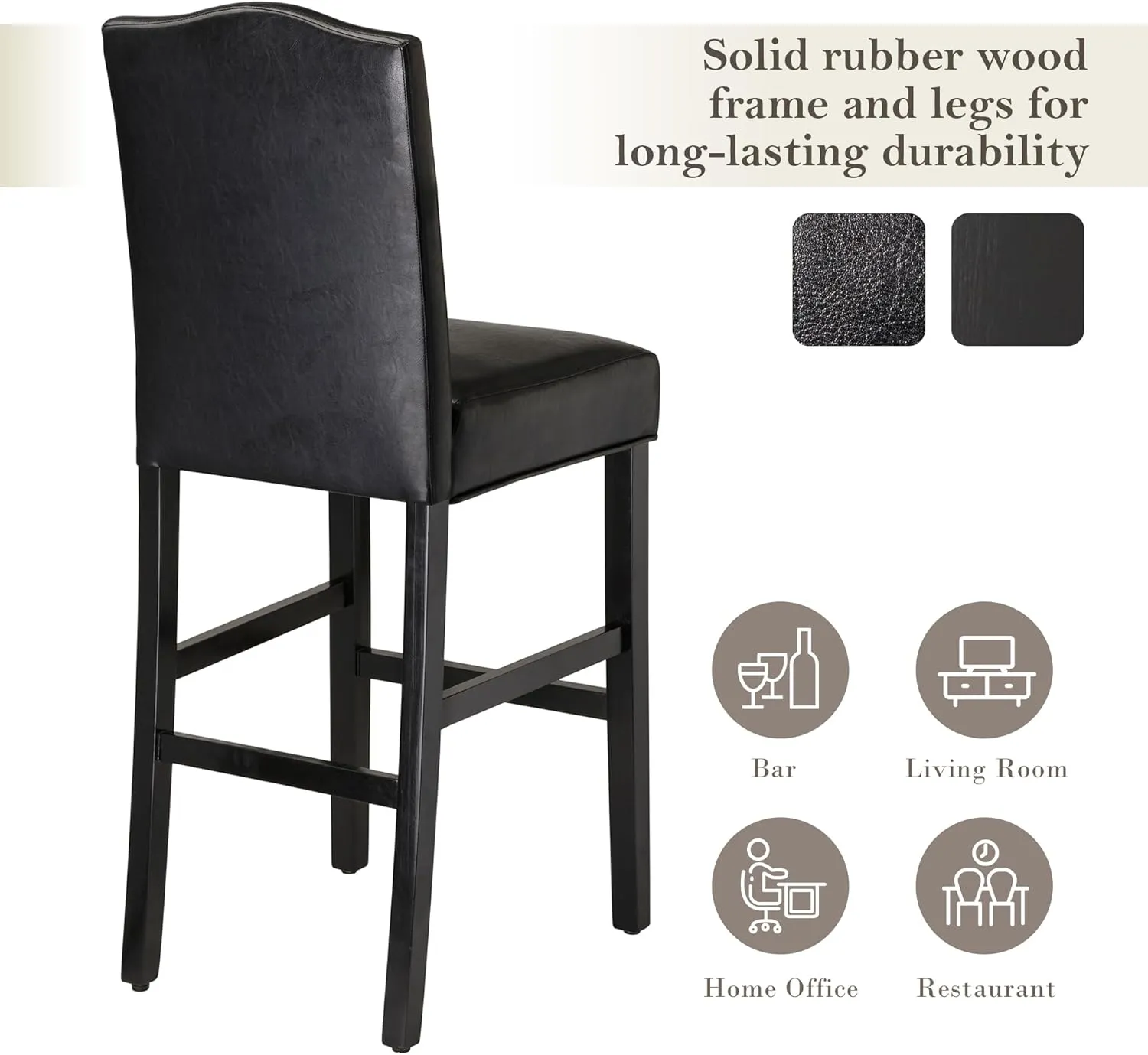 Glitzhome 45" H Bar Chairs Set of 4 Upholstered Bar Stools with Solid Rubberwood Legs with Studded Decoration Back Leatherette, Black