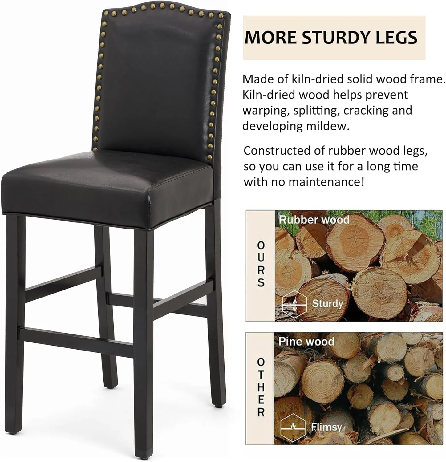 Glitzhome 45" H Bar Chairs Set of 4 Upholstered Bar Stools with Solid Rubberwood Legs with Studded Decoration Back Leatherette, Black