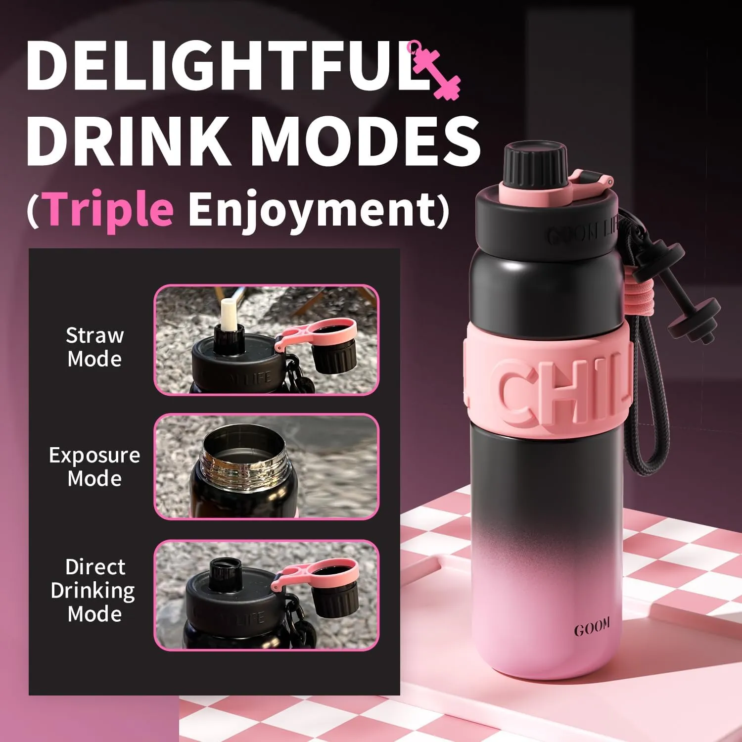 GOOM Chill 24 oz Insulated Water Bottle, 18/10 Stainless Steel Waterbottle with Straw and Straw Cap, Leak Proof Water Bottles for Men, Women, Gifts for Mom, Her—Black, Pink