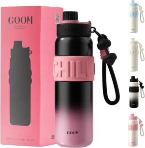 GOOM Chill 24 oz Insulated Water Bottle, 18/10 Stainless Steel Waterbottle with Straw and Straw Cap, Leak Proof Water Bottles for Men, Women, Gifts for Mom, Her—Black, Pink