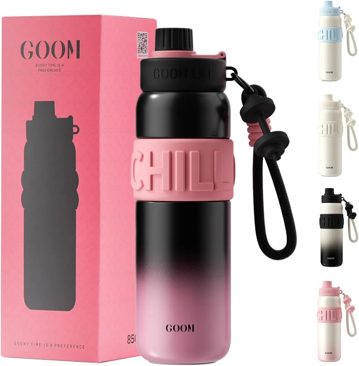 GOOM Chill 24 oz Insulated Water Bottle, 18/10 Stainless Steel Waterbottle with Straw and Straw Cap, Leak Proof Water Bottles for Men, Women, Gifts for Mom, Her—Black, Pink