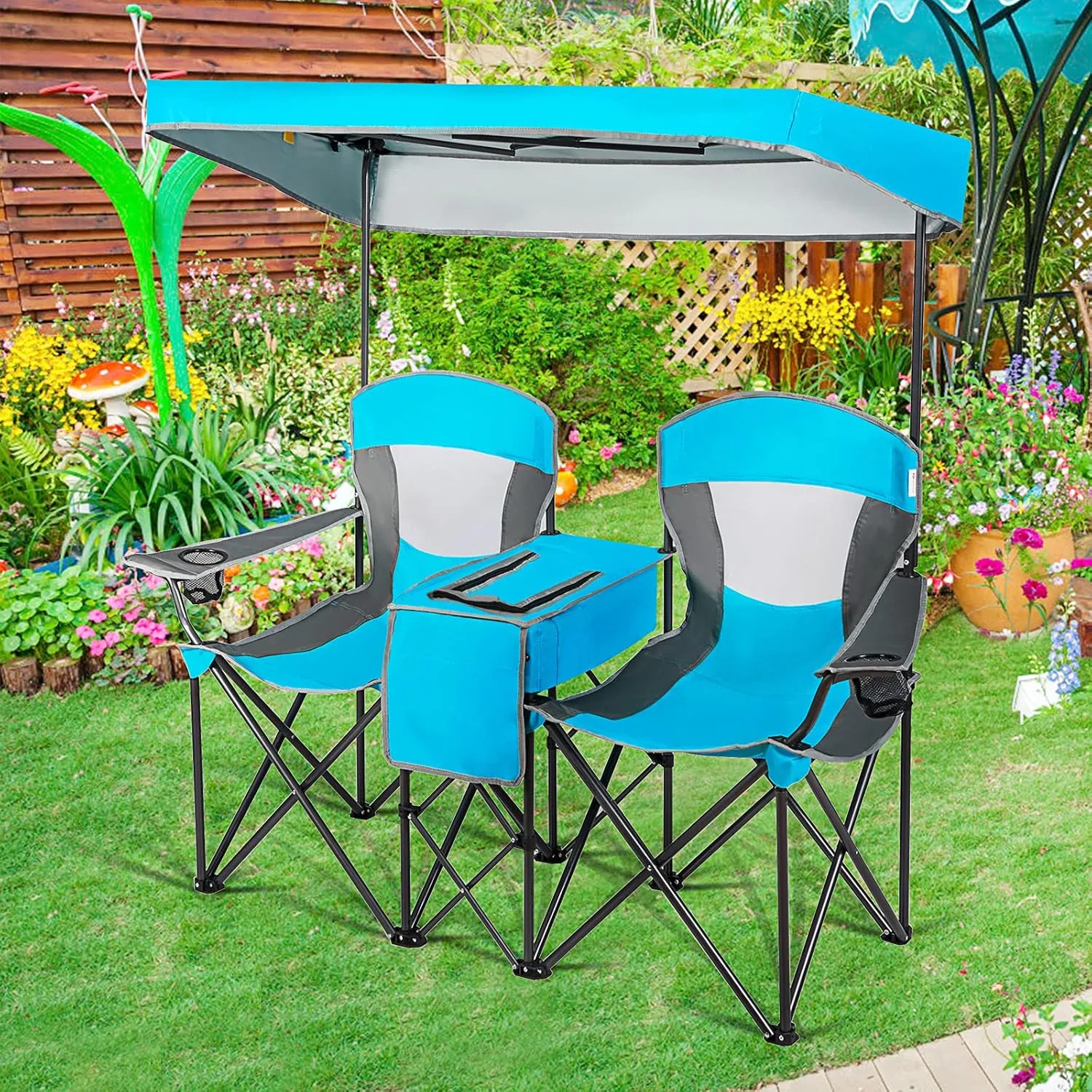 Goplus Double Beach Chair with Canopy Shade, Folding Lawn Camping Chairs with Sunshade & Mini Table Beverage Holder & Carrying Bag for Outdoor Travel Hiking Fishing Poolside