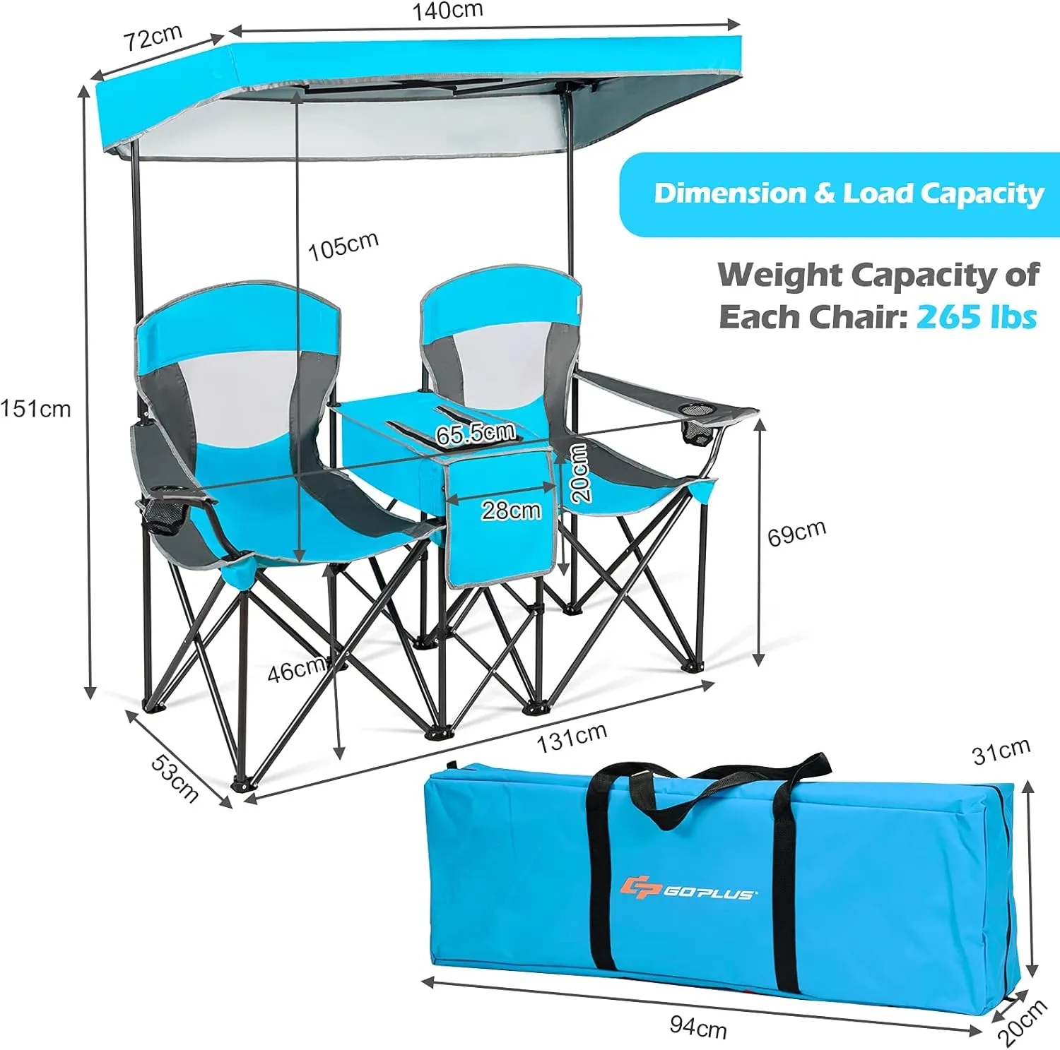 Goplus Double Beach Chair with Canopy Shade, Folding Lawn Camping Chairs with Sunshade & Mini Table Beverage Holder & Carrying Bag for Outdoor Travel Hiking Fishing Poolside