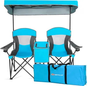 Goplus Double Beach Chair with Canopy Shade, Folding Lawn Camping Chairs with Sunshade & Mini Table Beverage Holder & Carrying Bag for Outdoor Travel Hiking Fishing Poolside
