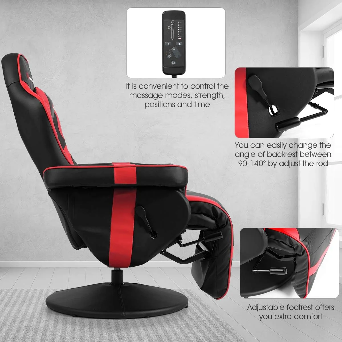 Goplus Massage Gaming Chair, Racing Style Gaming Recliner w/Adjustable Backrest and Footrest, Ergonomic High Back PU Leather Computer Office Chair Swivel Game Chair w/Cup Holder and Side Pouch