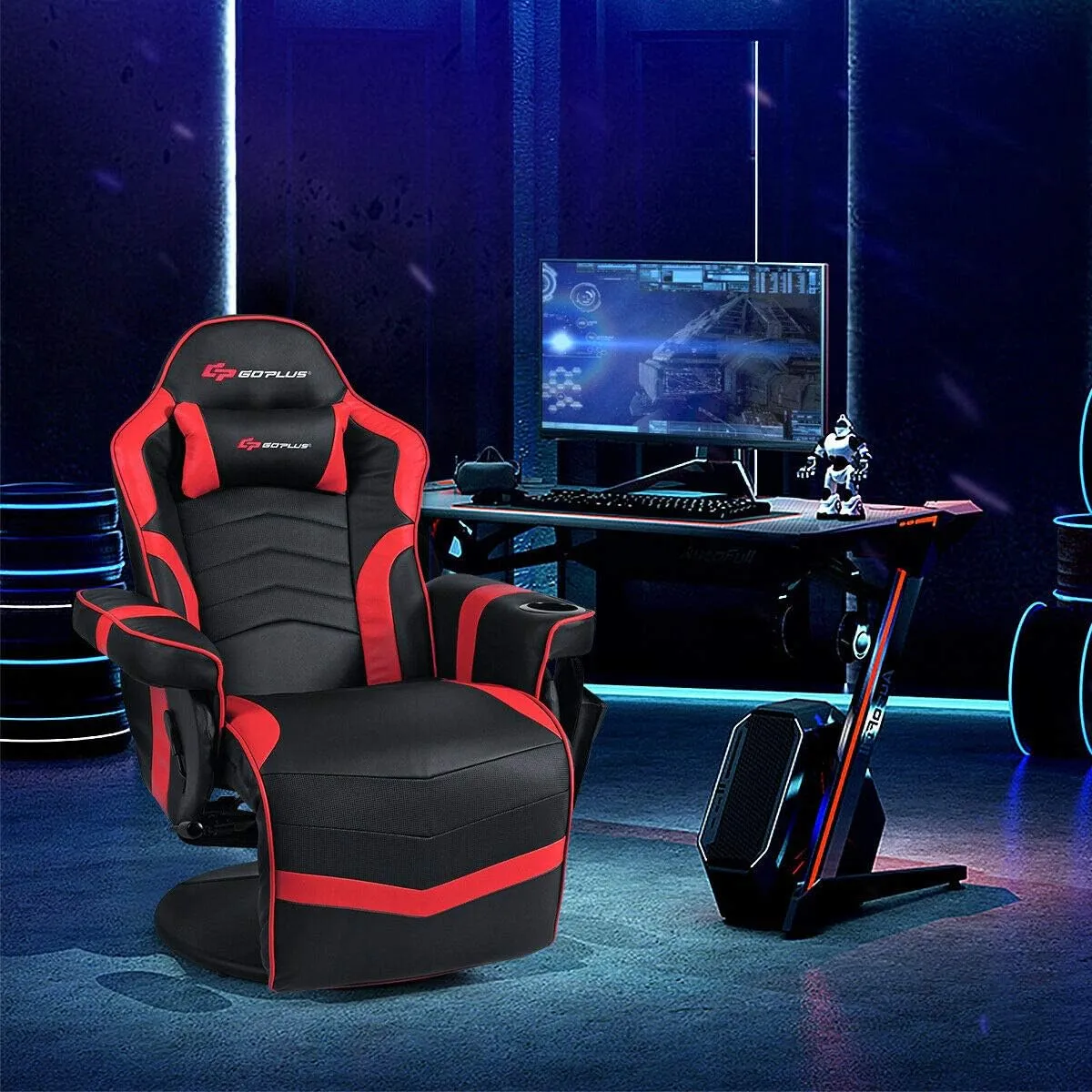 Goplus Massage Gaming Chair, Racing Style Gaming Recliner w/Adjustable Backrest and Footrest, Ergonomic High Back PU Leather Computer Office Chair Swivel Game Chair w/Cup Holder and Side Pouch