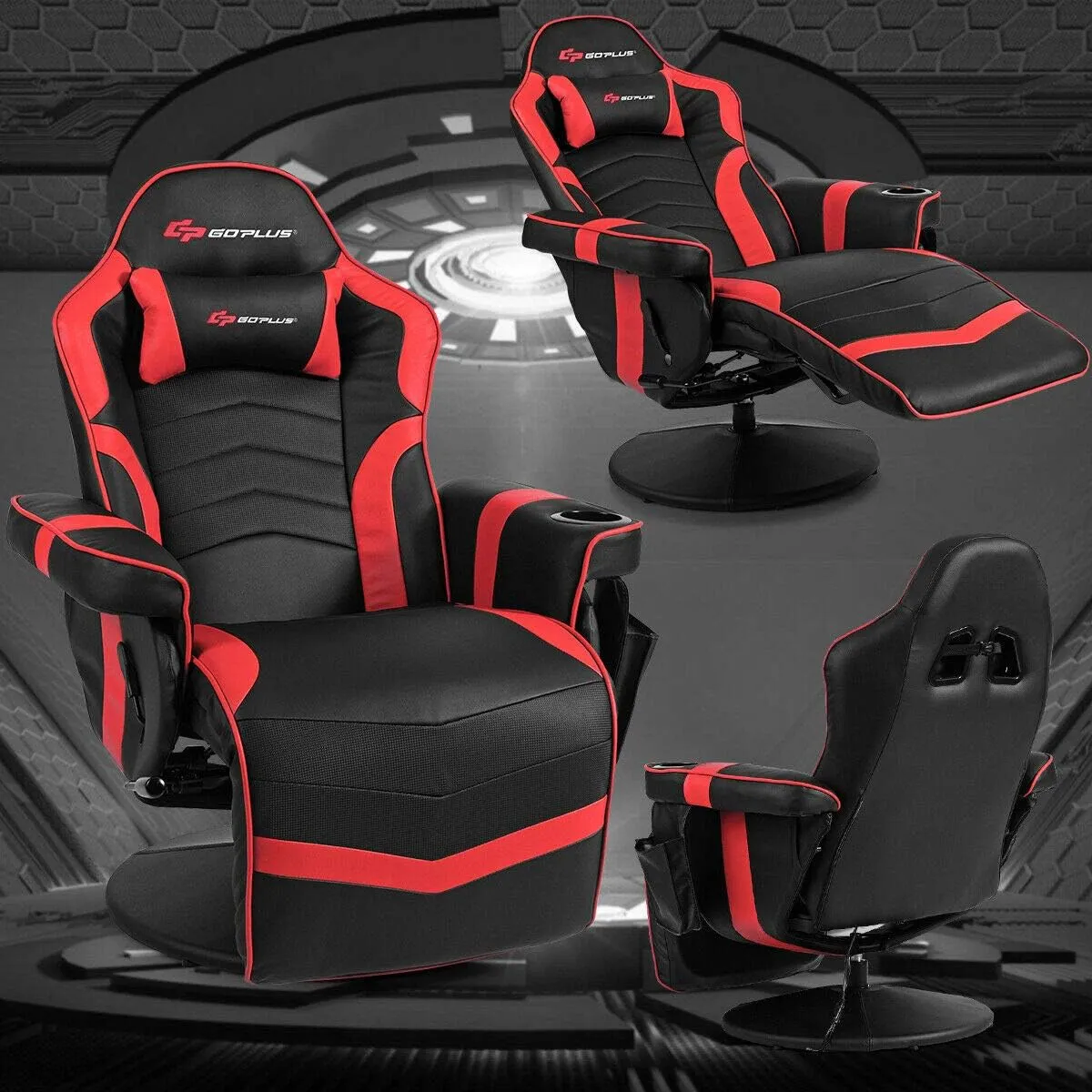 Goplus Massage Gaming Chair, Racing Style Gaming Recliner w/Adjustable Backrest and Footrest, Ergonomic High Back PU Leather Computer Office Chair Swivel Game Chair w/Cup Holder and Side Pouch