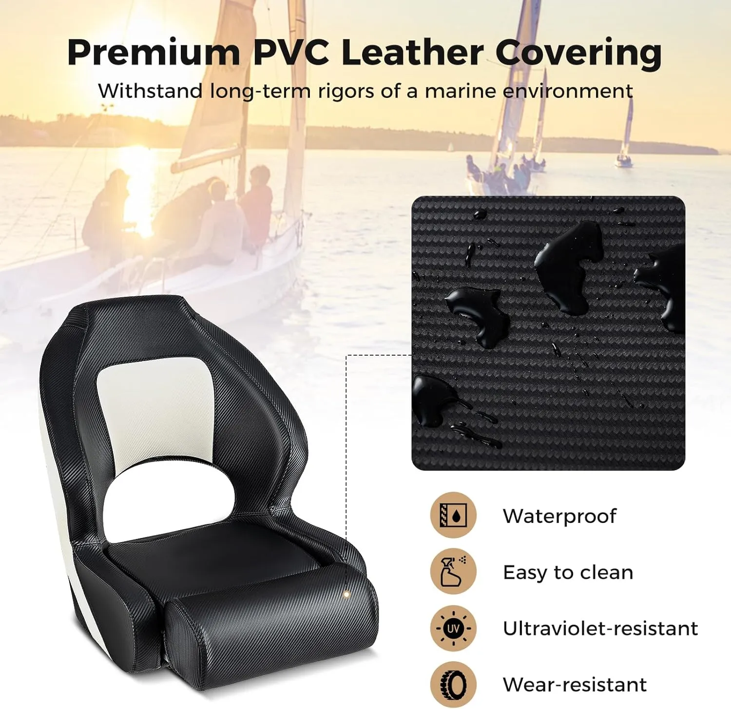 Goplus Sports Flip Up Boat Seat, Captain Bucket Seat w/Thick Sponge Bolster & Waterproof PVC Leather Upholstery, Curve Armrest & Aluminum Hinges, High Back Fishing Boat Chair (2 Packs Black & White)