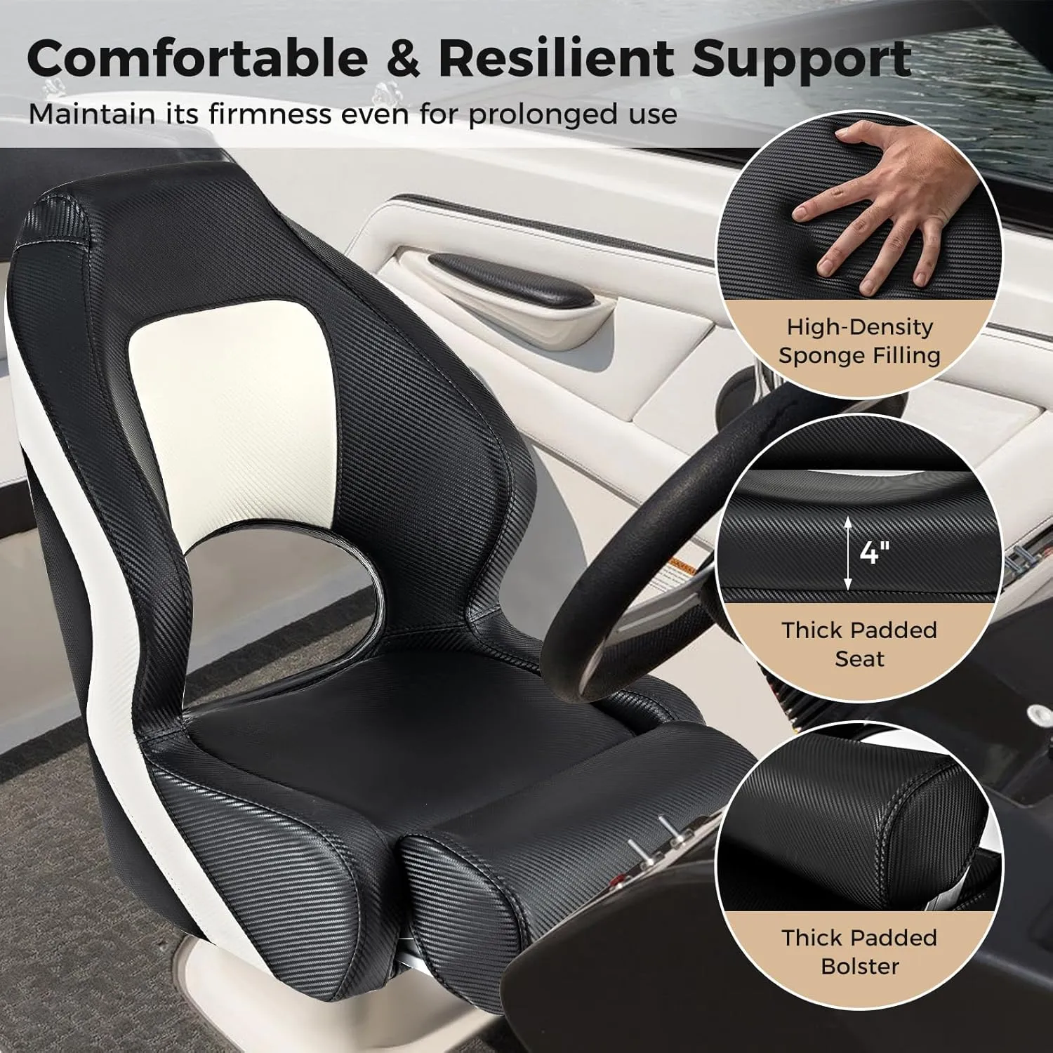 Goplus Sports Flip Up Boat Seat, Captain Bucket Seat w/Thick Sponge Bolster & Waterproof PVC Leather Upholstery, Curve Armrest & Aluminum Hinges, High Back Fishing Boat Chair (2 Packs Black & White)