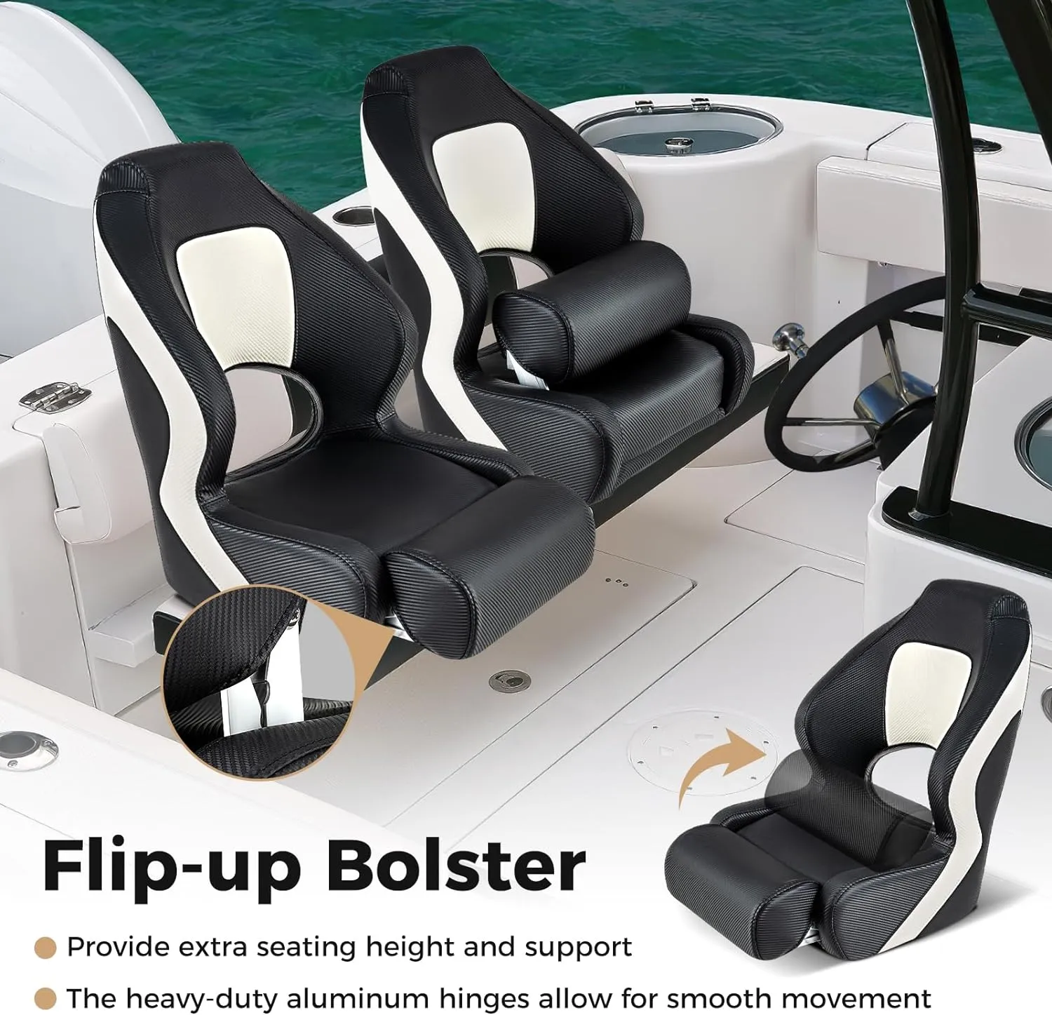 Goplus Sports Flip Up Boat Seat, Captain Bucket Seat w/Thick Sponge Bolster & Waterproof PVC Leather Upholstery, Curve Armrest & Aluminum Hinges, High Back Fishing Boat Chair (2 Packs Black & White)