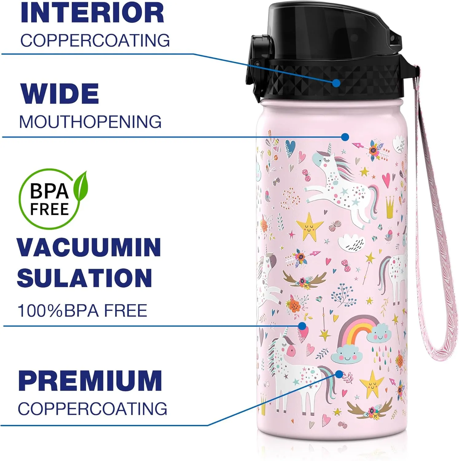 GOPPUS Kids Water Bottle (Straw Lid) - 18 Oz Stainless Steel Travel Bottle, Double Wall Vacuum Leak Proof Kids Cup for School Boys Girls,Unicorn Fields