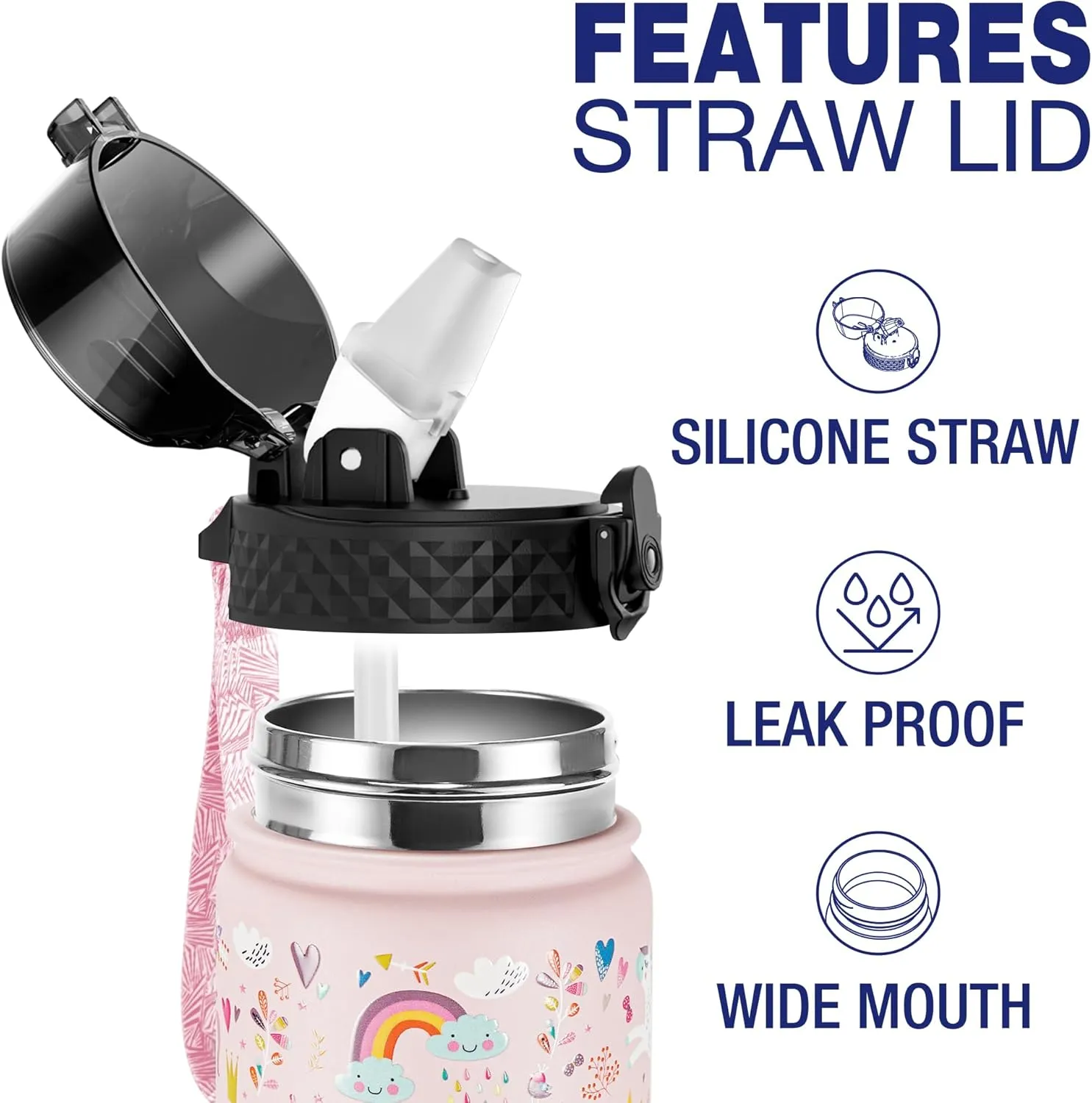 GOPPUS Kids Water Bottle (Straw Lid) - 18 Oz Stainless Steel Travel Bottle, Double Wall Vacuum Leak Proof Kids Cup for School Boys Girls,Unicorn Fields