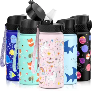 GOPPUS Kids Water Bottle (Straw Lid) - 18 Oz Stainless Steel Travel Bottle, Double Wall Vacuum Leak Proof Kids Cup for School Boys Girls,Unicorn Fields