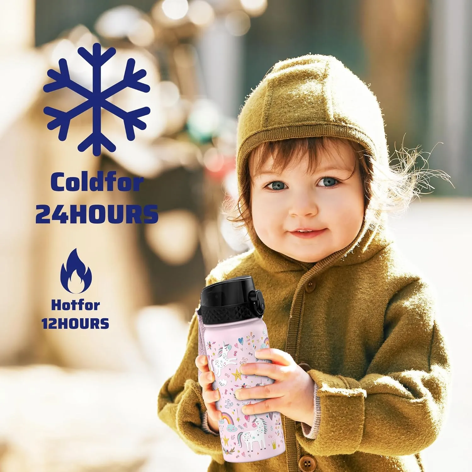 GOPPUS Kids Water Bottle (Straw Lid) - 18 Oz Stainless Steel Travel Bottle, Double Wall Vacuum Leak Proof Kids Cup for School Boys Girls,Unicorn Fields