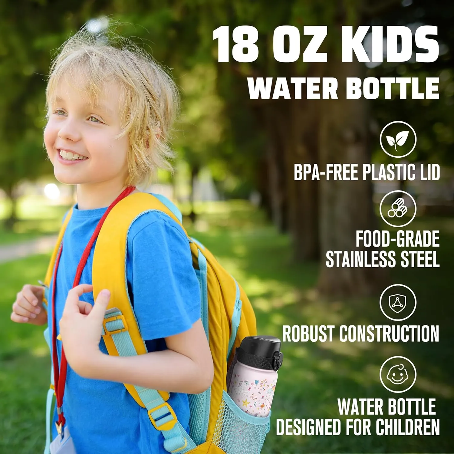 GOPPUS Kids Water Bottle (Straw Lid) - 18 Oz Stainless Steel Travel Bottle, Double Wall Vacuum Leak Proof Kids Cup for School Boys Girls,Unicorn Fields