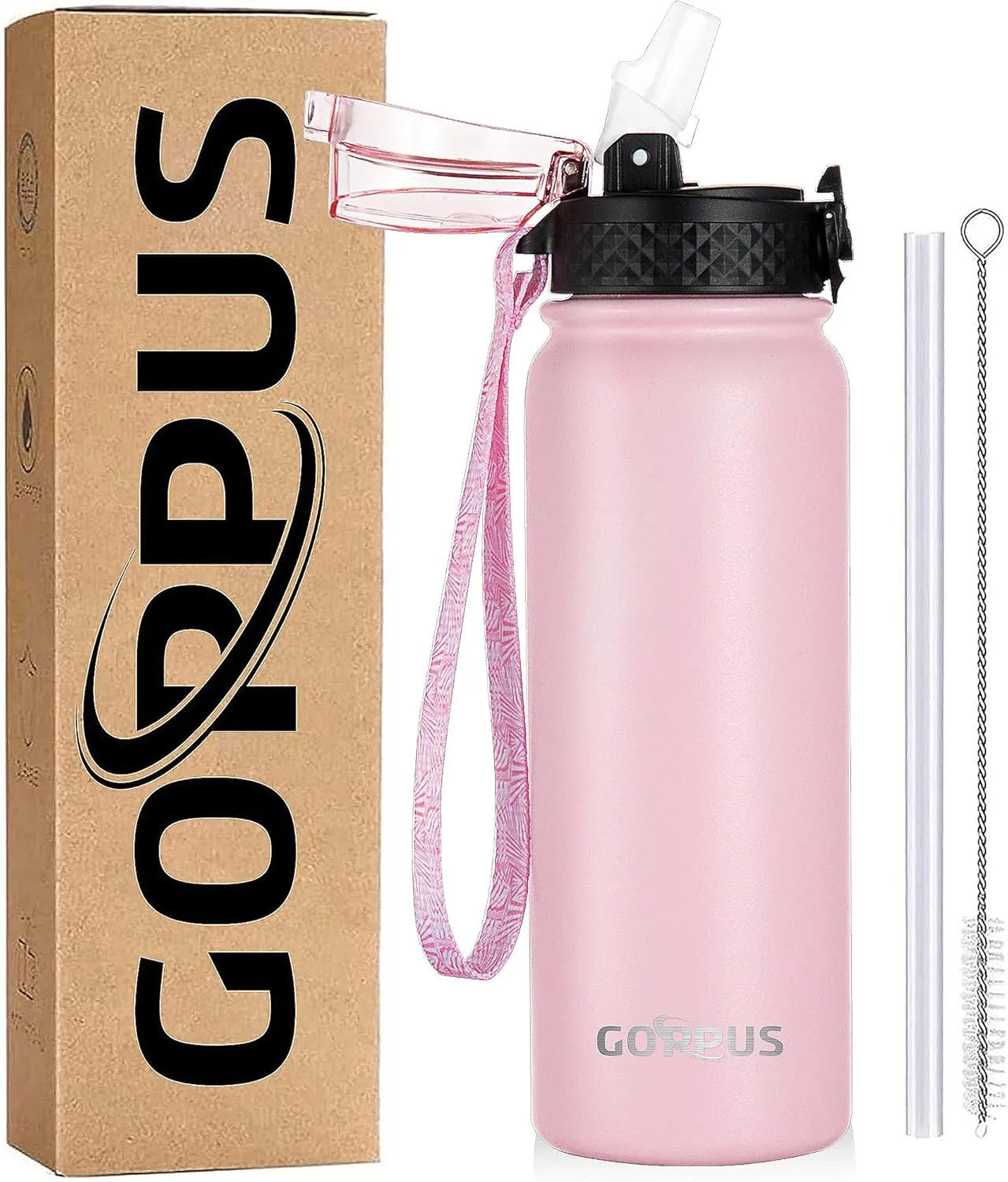 GOPPUS Kids Water Bottle with Straw Spout Wide Mouth Lid 20 oz Double Walled Metal Insulated Stainless Steel Water Bottles Leak Proof with Strap Handle for Boys Girls School (Pink, 1 Lid）