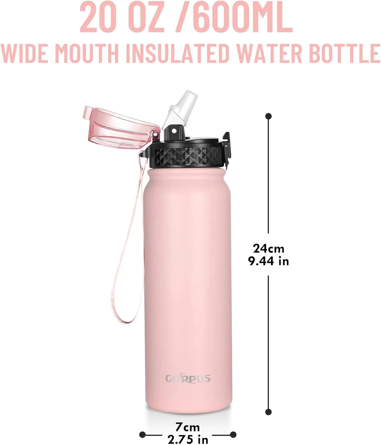 GOPPUS Kids Water Bottle with Straw Spout Wide Mouth Lid 20 oz Double Walled Metal Insulated Stainless Steel Water Bottles Leak Proof with Strap Handle for Boys Girls School (Pink, 1 Lid）