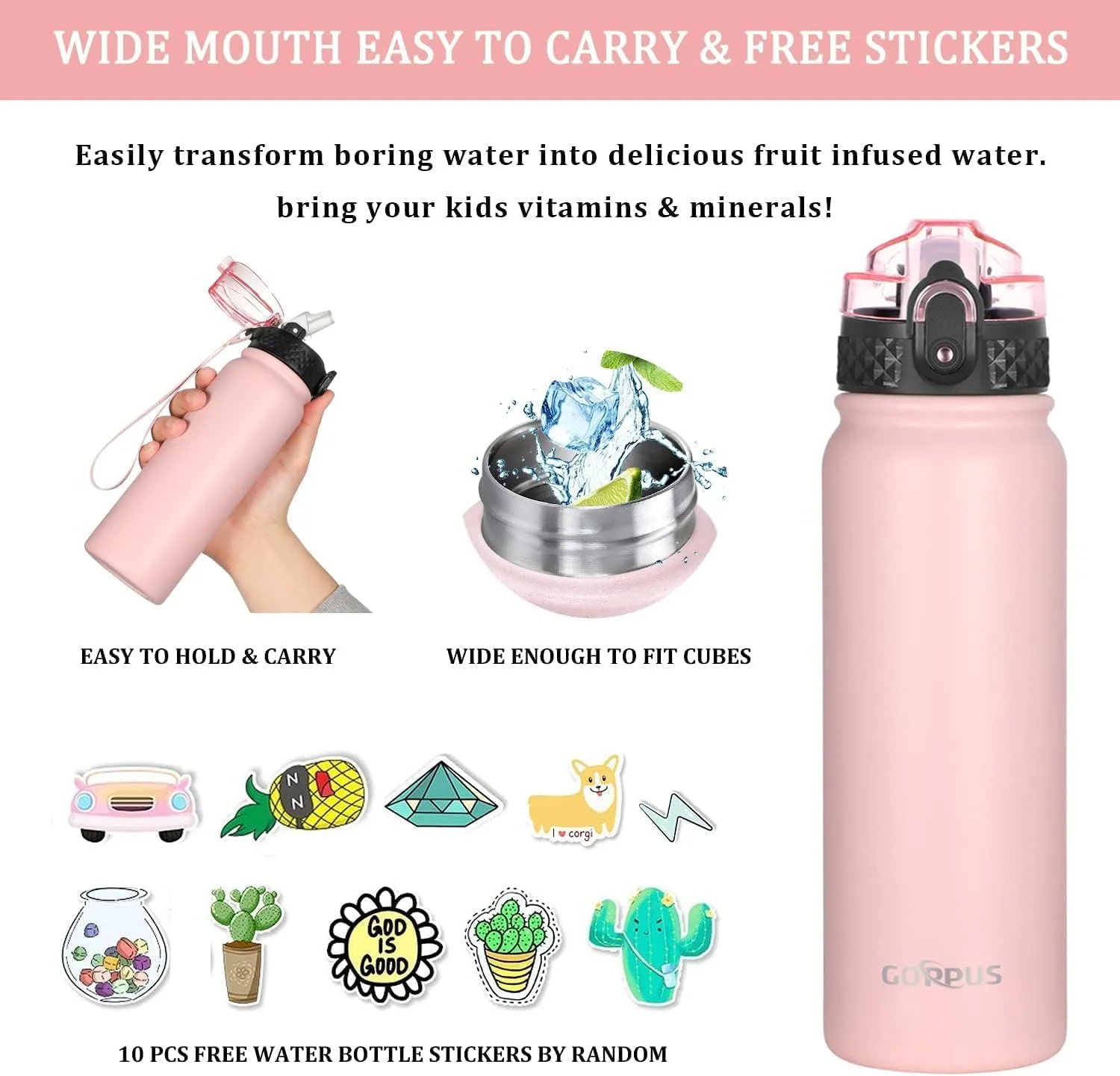 GOPPUS Kids Water Bottle with Straw Spout Wide Mouth Lid 20 oz Double Walled Metal Insulated Stainless Steel Water Bottles Leak Proof with Strap Handle for Boys Girls School (Pink, 1 Lid）