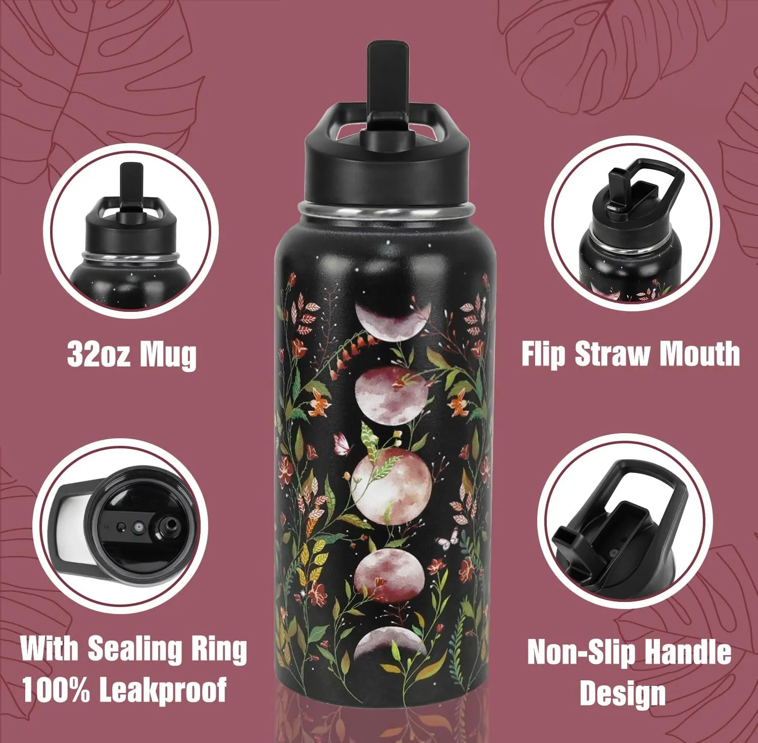 Goth Water Bottle with Straws Double Walled Vacuum Insulated Sports Bottle Gothic Flower Moon Travel Thermal Cup Leak Proof Stainless Steel Tumbler Witchy Decor Gifts-32 OZ