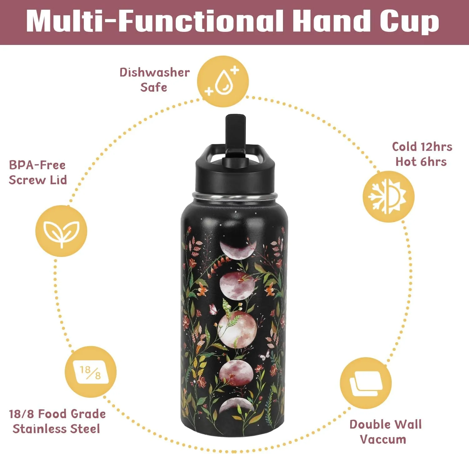 Goth Water Bottle with Straws Double Walled Vacuum Insulated Sports Bottle Gothic Flower Moon Travel Thermal Cup Leak Proof Stainless Steel Tumbler Witchy Decor Gifts-32 OZ